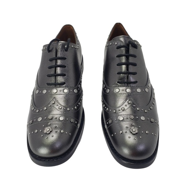 MSRP $250, New Coach Tegan Gunmetal Leather Studded Oxford Wingtip Shoes, Size 7 - Picture 7 of 8